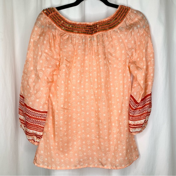 Irving & Fine Silk Blouse  Peach BoHo Style with Sequins and Beads XS - Picture 7 of 8